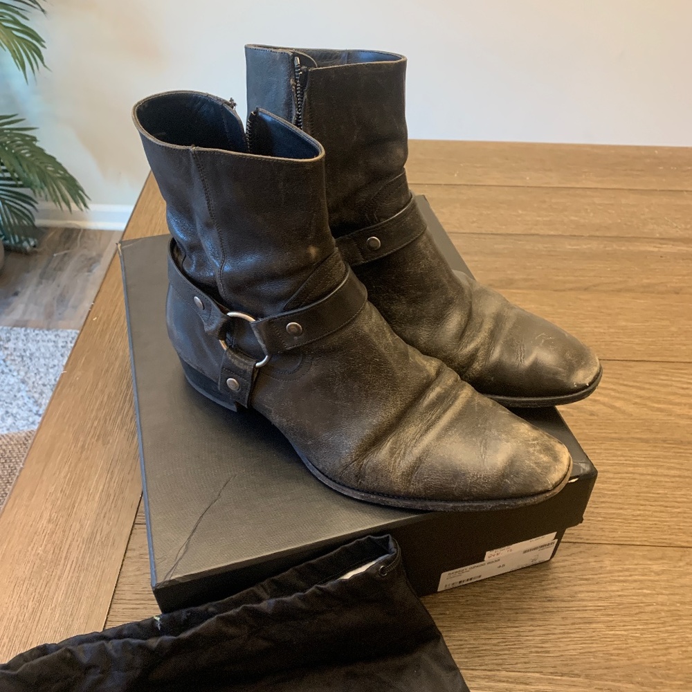 Saint Laurent Wyatt Distressed Cowhide Harness Boot